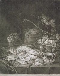 Peça de Banquete com Lagostas, Peixe e Gato (mezzotint com queimadura)